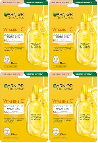 GARNIER Skin Active Gesichtsmaske aus Stoff, super feuchtigkeitsspendend und helligkeitsverstärkend, Vitamin C & Hyaluronsäure, vegan & tierversuchsfrei, matte Haut bei schwacher Helligkeit – x1