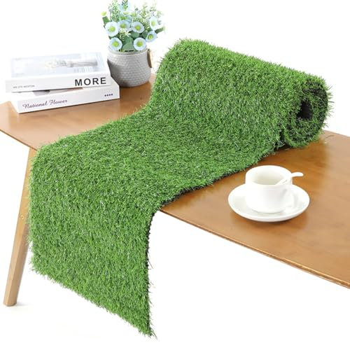 Yawdil Chemin de table en gazon artificiel, nappe de football, chemin de table en fausse herbe avec ruban blanc, chemin de table vert pour salle à manger, décorations de fête