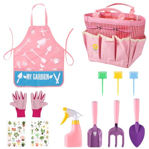 12 Pezzi di Set di Attrezzi da Giardinaggio, Kit da Giardinaggio per Bambini con Forche, Pale, Rastrelli, Borse, Bottiglie, Guanti, Bavaglini, Attrezzi da Spiaggia per Bambini (Rosa)