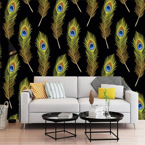 Mural Wallpaper Peacock Feathers Yellow Wall Mural Non-Woven Wallpaper for Bedroom Adults Children Wallpaper for Living Room Decoration 3D Wallpaper Wall Art Photo Wallpaper 300x240cm