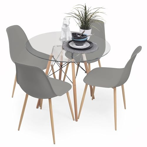 Homely – Conjunto de Comedor Tower Cairo Nordic 90 | Mesa + 4 sillas | Diseño Moderno | Comedor, Salón, Cocina, Sala | Mesa Redonda de Cristal de 90 cm | 4 sillas Color Gris Medio