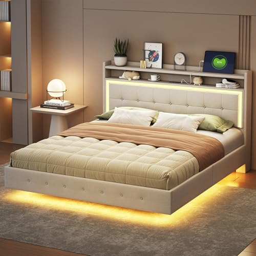 Kayan Polsterbett 160x200 mit LED und USB, Doppelbett mit Lattenrost, Polster Kopfteil mit Regal, Jugendbett Stauraumbett Bettgestell, Leinen Beige, ohne Matratze