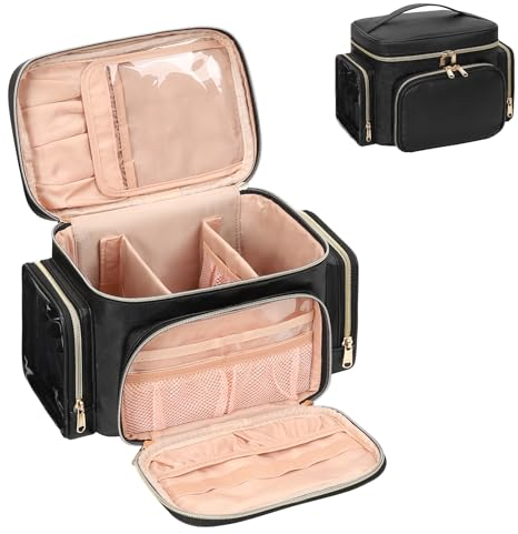 Kosmetiktasche Groß, Reise Make Up Tasche Damen Schminktasche mit Pinselhalter Fach, Portable Makeup Bag Organizer (schwarz)