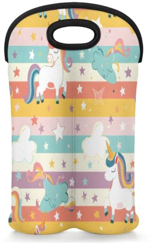 Mintoprints Einhorn-Wein-Tragetasche für 2 Flaschen, Einhorn-Regenbogen, Neopren, Weinflaschenhalter, Tragetasche, Weinkühltasche für Reisen, Picknick, Party