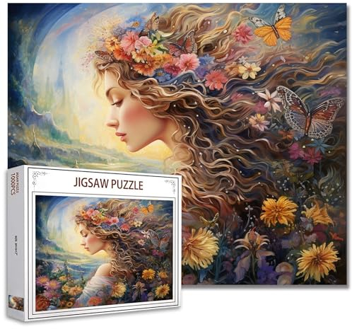 Tucocoo Fashion Girl with Flowers Jigsaw Puzzle 1000 Pieces Puzzles for Adults, Female Butterfly Art Jigsaw Puzzles for Challenging Family Activity Games Colorful DIY Puzzle for Home Decor Gifts