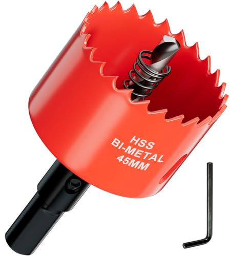 45mm Bi-Metal Hole Saw with Arbor and Pilot Bit - Fast Cut Quality Hole Cutter Drill Bit for Wood, Plywood, Fiberglass, Plastic, Drywall, and Stainless Mild Sheet - 25mm Cutting Depth