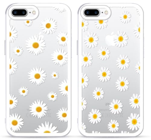 Yoedge 2 Stück Transparent HandyHülle für iPhone 8 Plus/iPhone 7 Plus Hülle, Gänseblümchen Muster Design Frauen Mädchen Aesthetic Handyhülle Dünn Weich Silikon TPU Kameraschutz Stoßfest Schutzhülle