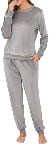 Wikoan Pigiama Donna Invernale Morbido Pile Set Pigiami Due Pezzi Set di Pigiami Loungewear Sleepwear con Tasche,Grigio,XXL