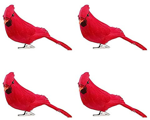 Psdndeww 4 Stück künstliche rote Vögel Clips auf Weihnachtsbaumschmuck Simulation Vogel Ornament