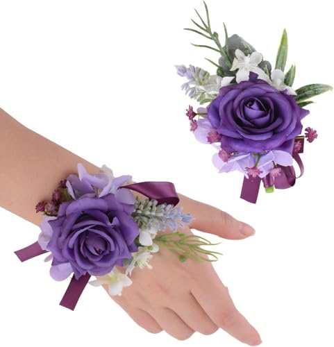 URROMA Set di 2 bouquet da polso con fiori artificiali viola scuro, braccialetto da uomo per laurea, ballo di fine anno, festa nuziale