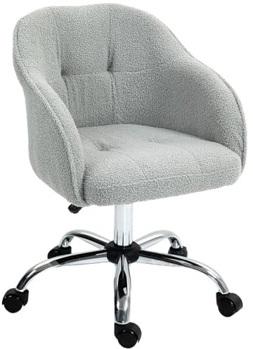 HOMCOM Office Chair, Teddy Fleece Swivel Computer Desk Chair, Makeup Vanity Seat with Adjustable Height for Home Study Bedroom, Grey
