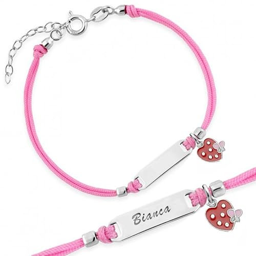 Sakrami Bracelet en argent pour fille avec cordon rose fraise et papillon émaillé plaque incitable pour enfants Collection + coffret cadeau personnalisé – Bracelet pour naissance, communion