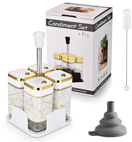 Miorkly 2 Pots à épices carrés Avec Couvercle Rotatif Blanc + 2 Bouteilles d'huile d'olive en Verre avec Socle - set sel et Poivre vinaigre huile - set épices