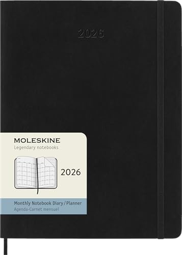 Moleskine Monthly Planner, Agenda Mensile 2026 12 Mesi, Con Copertina Morbida e Chiusura Elastica, Formato XL 19 x 25 cm, Colore Nero