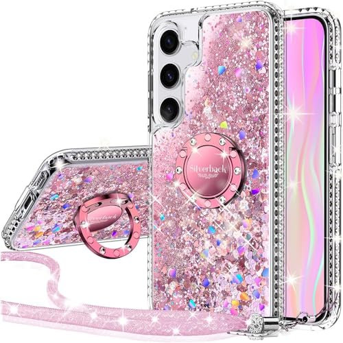 Silverback für Samsung Galaxy S25 Hülle mit Band, Mädchen Glitzer Handyhülle mit Ring, Silikon Flüssigkeit Treibsand Clear Schutzhülle für S25 Case - Rosa
