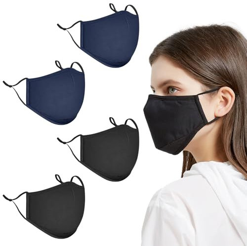 TUONYIS 4 Stück Maske mit verstellbaren Ohrschlaufen Baumwolle Masken Stoffmasken, Stoffmaske Wiederverwendbar Behelfsmasken Staubschutzmaske für Damen und Herren, Waschbar (Marineblau, Schwarz)