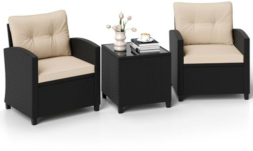 GIANTEX Conjunto de Muebles de Jardín de Ratán 3 Piezas, para 2 Personas, 2 Sillones con Cojines y 1 Mesa de Café con Tablero de Vidrio Templado, Juego de Bistró para Exterior (Cojín Marrón)