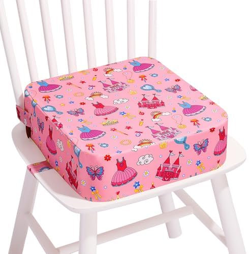 TOTIDYH SitzerhöHung Stuhl Kind, Tragbare Rutschfestes Sitzkissen Kinder, Waschbar SitzerhöHung Kinder Stuhl mit 2 Sicherheitsgurten, Zerlegbar StuhlerhöHung Kind(Prinzessin Rosa)