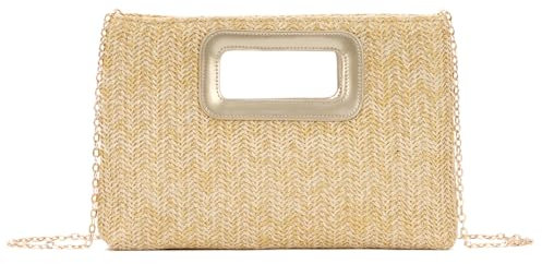 BWBIKE Sac à Main en Raphia pour Femmes - Élégante Pochette en Paille Avec Chaîne, Sac de Soirée de Plage d’été, Sac à Main Enveloppe Boho pour Les Voyages et les Fêtes,Abricot