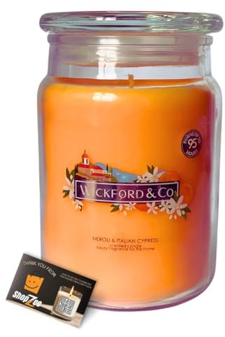 Luxury Scented Large Glass Jar Candle by Wickford & Co – 18oz, 95-Hour Burn Time, Ideal for Any Space & Special Occasions - Includes ShopZee Candle Safety Tips Guide (Neroli & Italian Cypress)