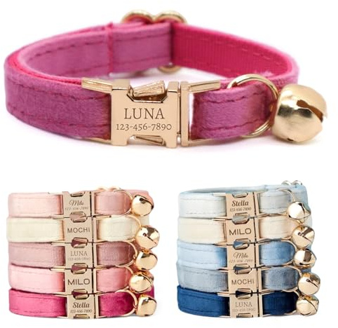 CHRYMPETIC Nicht Abnehmbares Samt Katzenhalsband Personalisiert mit Namen - Personalisierbares Halsband mit Glöckchen und Fliege Verfügbar (Rosé)