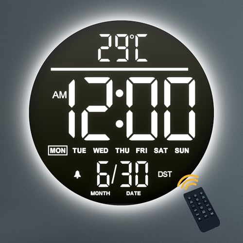 Mee 2ou 10 Digitale Wanduhr mit Nachtlicht, Alarm, Fernbedienung, 11 RGB-Farben, Auto Helligkeit, Temperaturanzeige, Datum & Wochentag, Moderne elektrische LED Wanduhr für Schlafzimmer und Wohnzimmer
