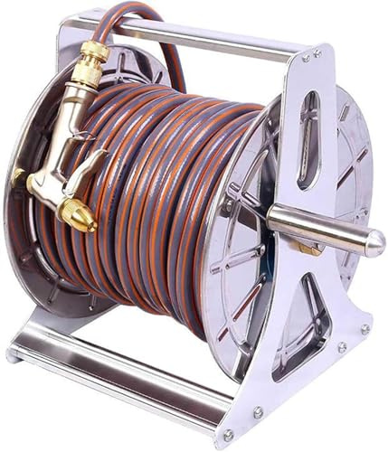 HGOuhK Schlauchtrommel Schlauchaufroller aus Edelstahl, Schlauchaufroller aus Metall for Bewässern von Pflanzen, Reinigen von Böden, Autowaschen(Rack+30m Hose)