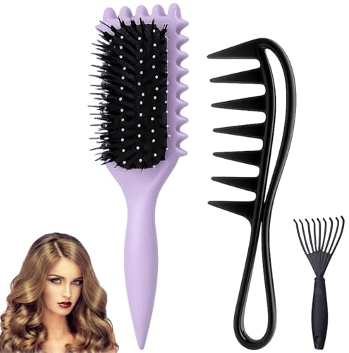 Curly Hair Brush, Curl Defining Brush, Brush for Detangling and Shaping Curls, Define Curls Hair Brush, 3-Piece Set with Styling Comb and Cleaning Tool, for Women and Men