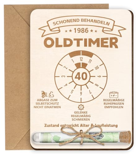 40 Geburtstag Männer, Geldgeschenk 40. Geburtstag Mann, Holz Geburtstagskarte 40 mit Umschlag - Schonend Behandeln 1986 Oldtimer, Lustige Geschenke zum 40 Geburtstag Mann