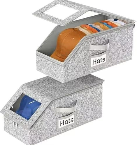 BINBE Baseball Cap Storage Stackable Hat Storage with Lid 2pcs Grey | Dust-Proof Storage, Carry Handle, Clear View Design, Space-Saving Stackable Storage, Keeps Caps Neat at Home or Travel