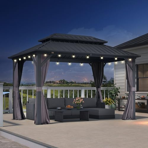 PURPLE LEAF Hardtop Pavillon 2.4 x 3.65 m Wasserdicht Stabil Winterfest, Basisch Gartenpavillon mit Festem Dach Alu Pavillon mit 14.6 m 24 LED Licht für Terrasse, Grau