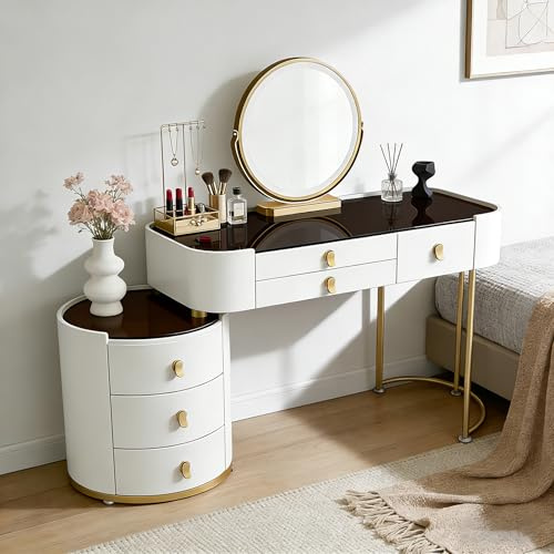 Generisch Luxuriöser Schminktisch mit Tischplatte aus Gehärtetem Glas, Frisierkommode mit 6 Schubladen für Schlafzimmer, Erhöhte Schutzrand, Montagefreundlich (Gold + Weiß)