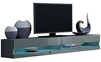 Mirjan24 Vigo New Meuble TV Bas, 180 cm, Table TV, Armoire TV, Armoire Suspendue, Brillant (avec éclairage LED Bleu, Gris/Gris Brillant)
