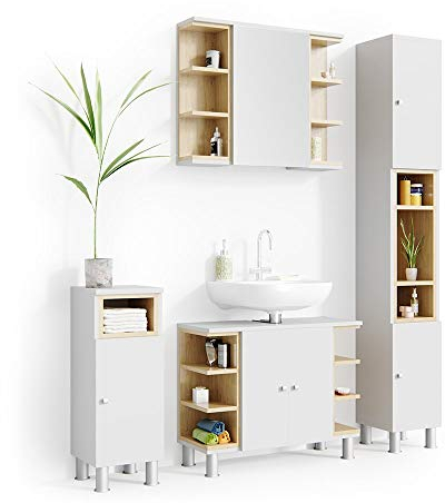 Vicco Badmöbel-Set Aquis, Badezimmerschrank-Set, Weiß/Eiche, 4 Teile