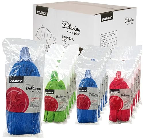 Pamex - Fregona Microfibra Ballarina 360º en Tres Colores Azul, Rojo, Verde Fregona Superabsorbente - Caja de 24 Unidades