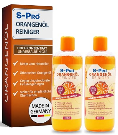 S-Pro - Orangenölreiniger fettlöser Konzentrat 2x500ml Flasche - Schonender Orangenreiniger hochkonzentriert mit frischem Orangenduft - Allzweckreiniger Reinigungsmittel für Haushalt, Küche & Bad