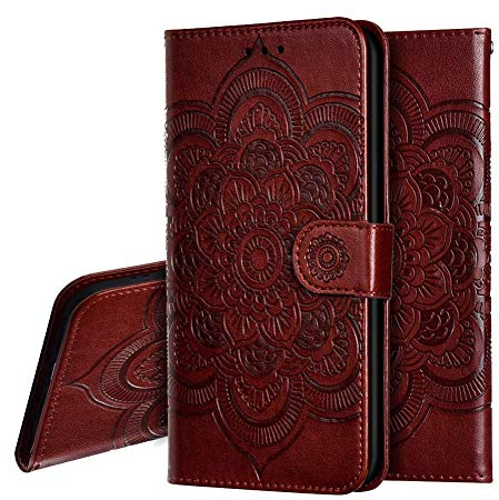 IMEIKONST LG G8 Hülle Mandala Embossed Premium Leder Flip Brieftasche Kartenfächern Holder Magnetic Ständer Schutzhülle Handyhülle für LG G8 ThinQ Mandala Brown LD
