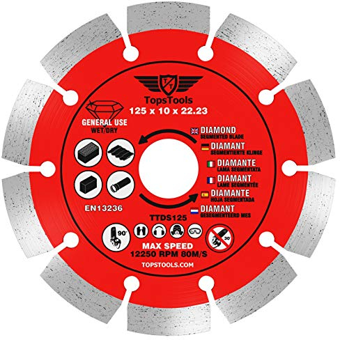 1 x TopsTools TTDS125 125mm (5 inch) x 10mm x 22.23mm Bore Segmented Diamond Angle Grinder Circular Saw Blade