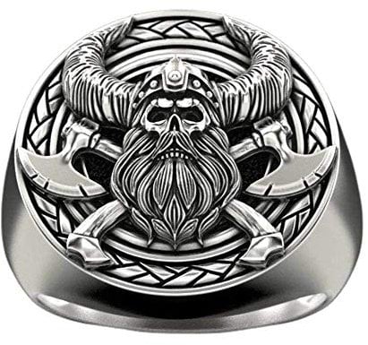 Viking Skull Ring for Men, Viking Warrior Ring, Crossed Axe Skull Head Ring, Vintage Gladiator Helmet Skull Ring, Nordic Warriors Skull Tribal Amulet Ring, Punk Skull Jewelry Gift silver