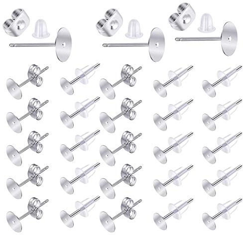 600 orecchini a perno in acciaio inox da 5 mm, ipoallergenici, con retro piatto, vuoti, con retro e tappi in gomma, per la creazione di gioielli fai da te