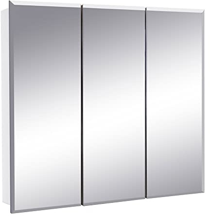 Design House Cyprus 25-in. Wide Medicine Cabinet, 3 Frameless Mirrored Doors, 2 Interior Shelves, Pre-Assembled, Surface or Recess Mounted, White/Clear, 25.1 in. W x 4.4 in. D x 24.5 in. H, 597484