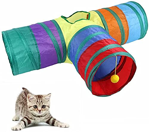 AIMICOCA Katzentunnel mit Spielball, Faltbarer Regenbogen Tunnel, Interaktive Peek-a-Boo Cat Tube Spielzeug mit Spaßball und 2 Guckloch (3-Way)