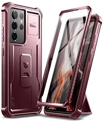 Dexnor Hülle Kompatibel mit Samsung Galaxy S21 Ultra 5G 6,8 mit eingebautem Displayschutz Militärschutz Rüstung Heavy Duty 360 Ganzkörper Stoßfeste Stoßstangenschutz Abdeckung mit Ständer - Rot