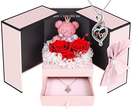 ADDWel Gifts for Mum from Daughter and Son, Mum Birthday Gift Idea from Kids, Unique Preserved Real Roses with 925 Sterling Silver Mum Necklace, Cool Present to Mother Mom