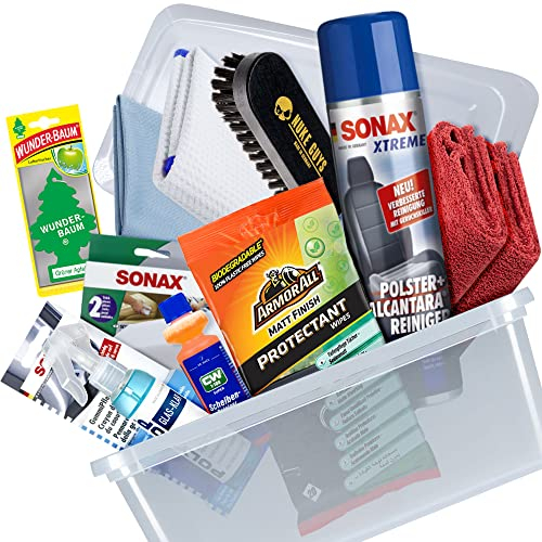 Kit de nettoyage d'intérieur de voiture - 12 pièces - Avec rembourrage Sonax Xtreme et nettoyant Alcantara - Nettoyant pour vitres Polytop - Nettoyant pour vitres Dr. Wack - Lingettes d'entretien