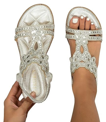 Sandales Femmes Habillées D'été Plat Strass Fleur en Cuir Bohème Sandales T-Strap Élastique Bride À La Cheville Bout Ouvert Chaussures De Plage Cristal Floral Casual Chaussures (Argent, 42)