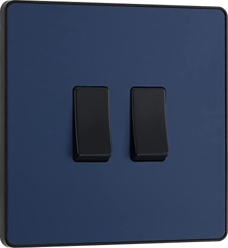 BG Electrical - Interruttore doppio da parete, 2 vie, piastra frontale senza viti, bordi arrotondati, Evolve, blu opaco, 20A, 16AX, PCDDB42B