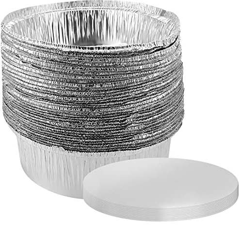 SINJEUN Paquete de 40 Bandejas Redondas de Papel de Aluminio de 8 Pulgadas Con Tapas, Para Pasteles y Flan