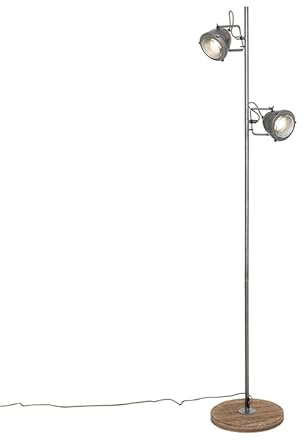 Qazqa Industrie Stehleuchte, Stehlampe - Emado - Silber Farbe, Rund, Holz, max. 25W, Geeignet für LED, 2-flammig, 153cm, Ideal als Flur, Schlafzimmerlampe, Wohnzimmerlampe und