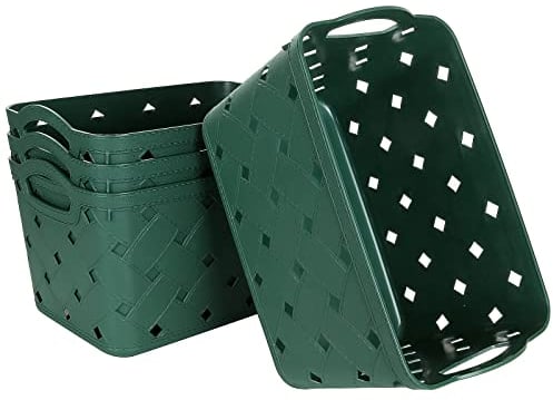ASelected 4 Pack Plastic Woven Storage Basket With Handles, Middle 27.5x18.5x17.5cm, Beautiful Fashionable, Skin Pattern Cross Woven, For Kitchen, Living Room, Office, Bathroom, Bedroom, (Green)